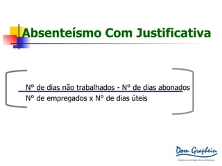 Absenteísmo Com Justificativa N ° de dias não trabalhados -  N ° de dias abonados N ° de empregados x  N ° de dias úteis X 100 