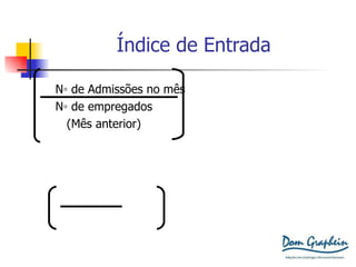 Índice de Entrada N ◦ de Admissões no mês N ◦ de empregados (Mês anterior) X 100 4 100 X   100 = 4% 