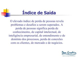 Índice de Saída O elevado índice de perda de pessoas revela problemas e desafios a serem superados. A perda de pessoas significa perda de conhecimento, de capital intelectual, de inteligência empresarial, de entendimento e de domínio dos processos, perda de conexões com os clientes, de mercado e de negócios. 