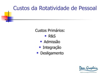 Custos da Rotatividade de Pessoal Custos Primários: R&S Admissão Integração Desligamento 