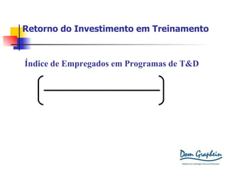 Retorno do Investimento em Treinamento Índice de Empregados em Programas de T&D N ° de empregados em eventos de T&D N ° de empregados x 100 Ex.: 10/100 x 100 = 0,1 x100 = 10% 