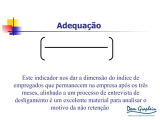 Adequação N ° de “A” e “E” N ° de vagas preenchidas x 100 Este indicador nos dar a dimensão do índice de empregados que permanecem na empresa após os três meses, alinhado a um processo de entrevista de desligamento é um excelente material para analisar o motivo da não retenção . A= Atende  E= Excede 