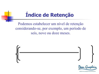 Índice de Retenção Podemos estabelecer um nível de retenção considerando-se, por exemplo, um período de seis, nove ou doze meses. 100 -  n ° de desligamentos entre 9 e 12 meses n° de vagas preenchidas x100 