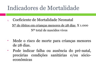 Indicadores de Mortalidade Coeficiente de Mortalidade Neonatal Nº de óbitos em crianças menores de 28 dias  X 1.000 Nº total de nascidos vivos Mede o risco de morte para crianças menores de 28 dias. Pode indicar falha ou ausência do pré-natal, precárias condições sanitárias e/ou sócio-econômicas 