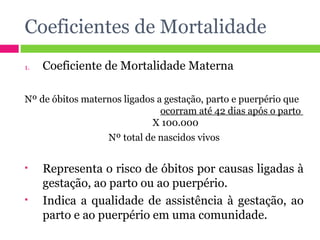 Coeficientes de Mortalidade Coeficiente de Mortalidade Materna Nº de óbitos maternos ligados a gestação, parto e puerpério que  ocorram até 42 dias após o parto  X 100.000 Nº total de nascidos vivos Representa o risco de óbitos por causas ligadas à gestação, ao parto ou ao puerpério. Indica a qualidade de assistência à gestação, ao parto e ao puerpério em uma comunidade. 