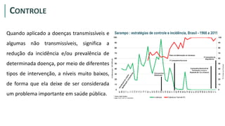 CONTROLE
Quando aplicado a doenças transmissíveis e
algumas não transmissíveis, significa a
redução da incidência e/ou prevalência de
determinada doença, por meio de diferentes
tipos de intervenção, a níveis muito baixos,
de forma que ela deixe de ser considerada
um problema importante em saúde pública.
 