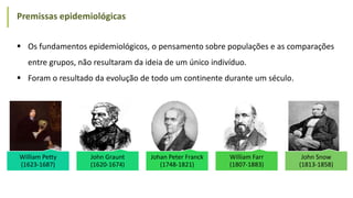  Os fundamentos epidemiológicos, o pensamento sobre populações e as comparações
entre grupos, não resultaram da ideia de um único indivíduo.
 Foram o resultado da evolução de todo um continente durante um século.
Premissas epidemiológicas
William Petty
(1623-1687)
John Graunt
(1620-1674)
Johan Peter Franck
(1748-1821)
William Farr
(1807-1883)
John Snow
(1813-1858)
 