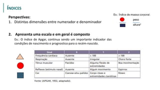 Perspectivas:
1. Distintas dimensões entre numerador e denominador
INDICES
2. Apresenta uma escala e em geral é composto
Ex.: O índice de Apgar, continua sendo um importante indicador das
condições de nascimento e prognostico para o recém-nascido.
ÍNDICES
 