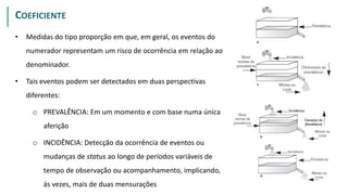 PROPORÇÃO
• Medidas do tipo proporção em que, em geral, os eventos do
numerador representam um risco de ocorrência em relação ao
denominador.
• Tais eventos podem ser detectados em duas perspectivas
diferentes:
o PREVALÊNCIA: Em um momento e com base numa única
aferição
o INCIDÊNCIA: Detecção da ocorrência de eventos ou
mudanças de status ao longo de períodos variáveis de
tempo de observação ou acompanhamento, implicando,
às vezes, mais de duas mensurações
COEFICIENTE
 