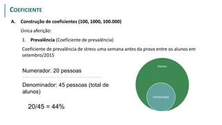 Denominador: 45 pessoas (total de
alunos)
Numerador: 20 pessoas
20/45 = 44%
Alunos
Estressados
PROPORÇÃO
A. Construção de coeficientes (100, 1000, 100.000)
Única aferição:
1. Prevalência (Coeficiente de prevalência)
Coeficiente de prevalência de stress uma semana antes da prova entre os alunos em
setembro/2015
COEFICIENTE
 