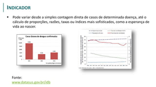  Pode variar desde a simples contagem direta de casos de determinada doença, até o
cálculo de proporções, razões, taxas ou índices mais sofisticados, como a esperança de
vida ao nascer.
ESTRUTURA
Fonte:
www.datasus.gov.br/idb
INDICADOR
 