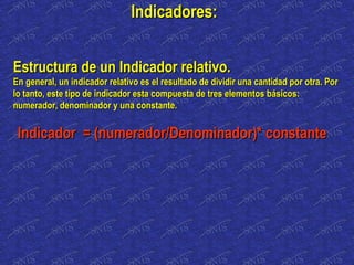 Estructura de un Indicador relativo.Estructura de un Indicador relativo.
En general, un indicador relativo es el resultado de dividir una cantidad por otra. PorEn general, un indicador relativo es el resultado de dividir una cantidad por otra. Por
lo tanto, este tipo de indicador esta compuesta de tres elementos básicos:lo tanto, este tipo de indicador esta compuesta de tres elementos básicos:
numerador, denominador y una constante.numerador, denominador y una constante.
Indicador = (numerador/Denominador)* constanteIndicador = (numerador/Denominador)* constante
Indicadores:Indicadores:
 