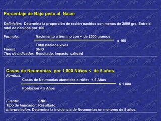 Porcentaje de Bajo peso al NacerPorcentaje de Bajo peso al Nacer
Definición:Definición: Determina la proporción de recién nacidos con menos de 2500 grs. Entre elDetermina la proporción de recién nacidos con menos de 2500 grs. Entre el
total de nacidos por 100total de nacidos por 100
Formula:Formula: Nacimiento a término con < de 2500 gramosNacimiento a término con < de 2500 gramos
x 100x 100
Total nacidos vivosTotal nacidos vivos
Fuente:Fuente: SNISSNIS
Tipo de IndicadorTipo de Indicador:: Resultado, Impacto, calidadResultado, Impacto, calidad
Casos de Neumonías por 1.000 Niños < de 5 años.Casos de Neumonías por 1.000 Niños < de 5 años.
Formula:Formula:
Casos de Neumonías atendidas a niños < 5 AñosCasos de Neumonías atendidas a niños < 5 Años
X 1.000X 1.000
Población < 5 AñosPoblación < 5 Años
Fuente:Fuente: SNISSNIS
Tipo de Indicador:Tipo de Indicador: Resultado.Resultado.
Interpretación:Interpretación: Determina la incidencia de Neumonías en menores de 5 años.Determina la incidencia de Neumonías en menores de 5 años.
 