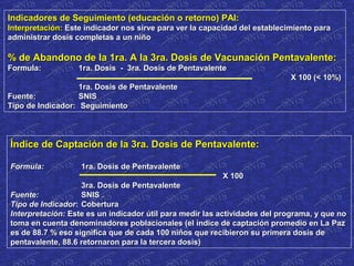 Indicadores de Seguimiento (educación o retorno) PAI:Indicadores de Seguimiento (educación o retorno) PAI:
Interpretación:Interpretación: Este indicador nos sirve para ver la capacidad del establecimiento paraEste indicador nos sirve para ver la capacidad del establecimiento para
administrar dosis completas a un niñoadministrar dosis completas a un niño
% de Abandono de la 1ra. A la 3ra. Dosis de Vacunación Pentavalente:% de Abandono de la 1ra. A la 3ra. Dosis de Vacunación Pentavalente:
Formula:Formula: 1ra. Dosis - 3ra. Dosis de Pentavalente1ra. Dosis - 3ra. Dosis de Pentavalente
X 100 (< 10%)X 100 (< 10%)
1ra. Dosis de Pentavalente1ra. Dosis de Pentavalente
Fuente:Fuente: SNISSNIS
Tipo de Indicador:Tipo de Indicador: SeguimientoSeguimiento
Índice de Captación de la 3ra. Dosis de Pentavalente:Índice de Captación de la 3ra. Dosis de Pentavalente:
Formula:Formula: 1ra. Dosis de Pentavalente1ra. Dosis de Pentavalente
X 100X 100
3ra. Dosis de Pentavalente3ra. Dosis de Pentavalente
Fuente:Fuente: SNIS .SNIS .
Tipo de IndicadorTipo de Indicador:: CoberturaCobertura
Interpretación:Interpretación: Este es un indicador útil para medir las actividades del programa, y que noEste es un indicador útil para medir las actividades del programa, y que no
toma en cuenta denominadores poblacionales (el índice de captación promedio en La Paztoma en cuenta denominadores poblacionales (el índice de captación promedio en La Paz
es de 88.7 % eso significa que de cada 100 niños que recibieron su primera dosis dees de 88.7 % eso significa que de cada 100 niños que recibieron su primera dosis de
pentavalente, 88.6 retornaron para la tercera dosis)pentavalente, 88.6 retornaron para la tercera dosis)
 