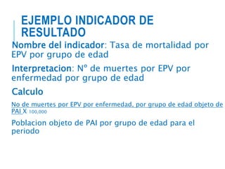 EJEMPLO INDICADOR DE
RESULTADO
Nombre del indicador: Tasa de mortalidad por
EPV por grupo de edad
Interpretacion: Nº de muertes por EPV por
enfermedad por grupo de edad
Calculo
No de muertes por EPV por enfermedad, por grupo de edad objeto de
PAI X 100,000
Poblacion objeto de PAI por grupo de edad para el
periodo
 