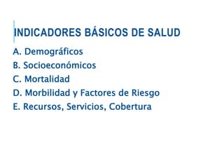 INDICADORES BÁSICOS DE SALUD
A. Demográficos
B. Socioeconómicos
C. Mortalidad
D. Morbilidad y Factores de Riesgo
E. Recursos, Servicios, Cobertura
 