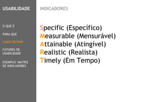 6
Specific (Específico)
Measurable (Mensurável)
Attainable (Atingível)
Realistic (Realista)
Timely (Em Tempo)
O QUE É
PARA QUE
COMO DEFINIR
FATORES DE
USABILIDADE
USABILIDADE
EXEMPLO: MATRIZ
DE INDICADORES
INDICADORES
 