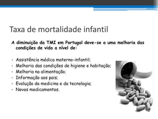 Taxa de mortalidade infantil
A diminuição da TMI em Portugal deve-se a uma melhoria das
  condições de vida a nível de:

•   Assistência médica materno-infantil;
•   Melhoria das condições de higiene e habitação;
•   Melhoria na alimentação;
•   Informação aos pais;
•   Evolução da medicina e da tecnologia;
•   Novos medicamentos.
 