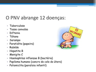 O PNV abrange 12 doenças:
•   Tuberculose
•   Tosse convulsa
•   Diftenia
•   Tétano
•   Sarampo
•   Paratidite (papeira)
•   Rubéde
•   Hepatite B
•   Menigite C
•   Haemophilas influnzae B (bactéria)
•   Papiloma humano (cancro do colo do útero)
•   Poliomiclita (paralisia infantil)
 