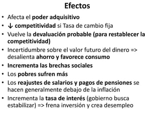 Efectos
• Afecta el poder adquisitivo
• ↓ competitividad si Tasa de cambio fija
• Vuelve la devaluación probable (para restablecer la
competitividad)
• Incertidumbre sobre el valor futuro del dinero =>
desalienta ahorro y favorece consumo
• Incrementa las brechas sociales
• Los pobres sufren más
• Los reajustes de salarios y pagos de pensiones se
hacen generalmente debajo de la inflación
• Incrementa la tasa de interés (gobierno busca
estabilizar) => frena inversión y crea desempleo
 