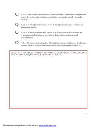 O      7.3.2. A instituição encaminha ao Conselho Tutelar os casos de crianças com
                    sinais de negligência, violência doméstica, exploração sexual e trabalho
                    infantil?


             O      7.3.3. A instituição comunica os casos de doenças infecciosas às famílias e ao
                    Sistema de Saúde?


             O      7.3.4. A instituição encaminha para a sala de recursos multifuncionais as
                    crianças com deficiência que necessitam de atendimento educacional
                    especializado?


             O       7.3.5. A Secretaria Municipal de Educação informa as instituições de educação
                    infantil sobre os serviços de educação especial existentes (Saiba Mais 11)?



        Explique a cor atribuída aos Indicadores da DIMENSÃO COOPERAÇÃO E TROCA COM AS
        FAMÍLIAS E PARTICIPAÇÃO NA REDE DE PROTEÇÃO SOCIAL




                                                                                                     59




PDF created with pdfFactory trial version www.pdffactory.com
 