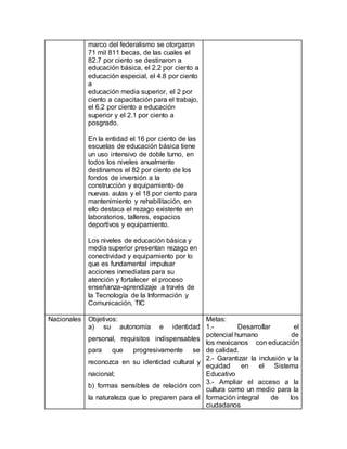 marco del federalismo se otorgaron
71 mil 811 becas, de las cuales el
82.7 por ciento se destinaron a
educación básica, el 2.2 por ciento a
educación especial, el 4.8 por ciento
a
educación media superior, el 2 por
ciento a capacitación para el trabajo,
el 6.2 por ciento a educación
superior y el 2.1 por ciento a
posgrado.
En la entidad el 16 por ciento de las
escuelas de educación básica tiene
un uso intensivo de doble turno, en
todos los niveles anualmente
destinamos el 82 por ciento de los
fondos de inversión a la
construcción y equipamiento de
nuevas aulas y el 18 por ciento para
mantenimiento y rehabilitación, en
ello destaca el rezago existente en
laboratorios, talleres, espacios
deportivos y equipamiento.
Los niveles de educación básica y
media superior presentan rezago en
conectividad y equipamiento por lo
que es fundamental impulsar
acciones inmediatas para su
atención y fortalecer el proceso
enseñanza-aprendizaje a través de
la Tecnología de la Información y
Comunicación, TIC
Nacionales Objetivos:
a) su autonomía e identidad
personal, requisitos indispensables
para que progresivamente se
reconozca en su identidad cultural y
nacional;
b) formas sensibles de relación con
la naturaleza que lo preparen para el
Metas:
1.- Desarrollar el
potencial humano de
los mexicanos con educación
de calidad.
2.- Garantizar la inclusión y la
equidad en el Sistema
Educativo
3.- Ampliar el acceso a la
cultura como un medio para la
formación integral de los
ciudadanos
 