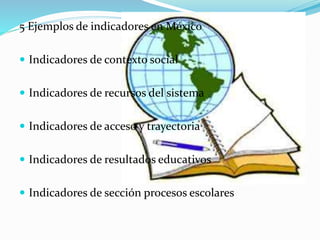 5 Ejemplos de indicadores en México 
 Indicadores de contexto social 
 Indicadores de recursos del sistema 
 Indicadores de acceso y trayectoria 
 Indicadores de resultados educativos 
 Indicadores de sección procesos escolares 

