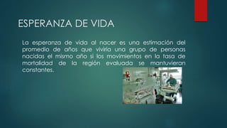 ESPERANZA DE VIDA
La esperanza de vida al nacer es una estimación del
promedio de años que viviría una grupo de personas
nacidas el mismo año si los movimientos en la tasa de
mortalidad de la región evaluada se mantuvieran
constantes.
 