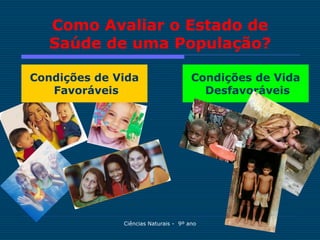 Como Avaliar o Estado de
   Saúde de uma População?

Condições de Vida                     Condições de Vida
   Favoráveis                           Desfavoráveis




              Ciências Naturais - 9º ano
 