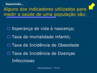 Resumindo…

Alguns dos indicadores utilizados para
medir a saúde de uma população são:


  Esperança de vida à nascença;

  Taxa de mortalidade infantil;

  Taxa de Incidência de Obesidade

  Taxa de Incidência de Doenças
   Infecciosas
                 Ciências Naturais - 9º ano
 