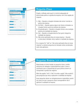 Pergunta-Chave
Propõe a reflexão sobre qual é o nível de adequação de
determinada prática na gestão da empresa, com cinco opções de
resposta:

1.	 Não — Quando a situação retratada não estiver inserida na
	 prática da empresa.
2.	 Em Parte — Quando apenas alguns dos fatores retratados na
	 situação fizerem parte do cotidiano da empresa.
3.	 Em grande parte — Quando a situação retratar uma condição
	 próxima da realidade da empresa.
4.	 Sim — Quando a situação descrita fizer parte integral da
	 realidade da empresa.
5.	 Não vemos aplicação disso em nossa empresa — Quando
	 o tema desse indicador não se aplicar à realidade da empresa.

Se a resposta for “não” ou “não vemos aplicação disso em nossa
empresa”, as demais perguntas do indicador serão consideradas
como não aplicáveis.




Perguntas Binárias (sim ou não)
Relacionadas ao tema tratado na pergunta-chave, contêm
elementos de validação e aprofundamento sobre o tema e
contribuem para a compreensão de quais práticas devem ser
incorporadas à gestão dos negócios.

Além das opções “sim” e “não” há ainda a opção “não se aplica”,
para perguntas que não se aplicarem à realidade da empresa.

Essas perguntas devem ser obrigatoriamente respondidas, exceto
nos casos em que a pergunta-chave correspondente não é
aplicável à realidade da empresa.




                                                                  ix
 