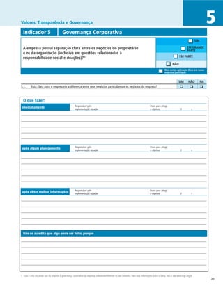 Valores, Transparência e Governança                                                                                                                                                          5
  Indicador 5	                            Governança Corporativa
                                                                                                                                                                                  SIM

  A empresa possui separação clara entre os negócios do proprietário                                                                                                     EM GRANDE
                                                                                                                                                                         PARTE
  e os da organização (inclusive em questões relacionadas à
  responsabilidade social e doações)? 5                                                                                                                          EM PARTE

                                                                                                                                                          NÃO
                                                                                                                                                  Não vemos aplicação disso em nossa
                                                                                                                                                  empresa (justifique)


		                                                                                                                                                              SIM	      NÃO	          NA
5.1.	 Está clara para o empresário a diferença entre seus negócios particulares e os negócios da empresa?                                                     	 ❑	          ❑	          ❑


  O que fazer:
                                                      Responsável pela	                                                            Prazo para atingir
 imediatamente                                        implementação da ação	                                                       o objetivo	                     /	         /




                                                      Responsável pela	                                                            Prazo para atingir
 após algum planejamento                              implementação da ação	                                                       o objetivo	                     /	        /




                                                      Responsável pela	                                                            Prazo para atingir
 após obter melhor informações                        implementação da ação	                                                       o objetivo	                     /	        /




  Não se acredita que algo pode ser feito, porque




5 Essa é uma discussão que diz respeito à governança corporativa da empresa, independentemente do seu tamanho. Para mais informações sobre o tema, veja o site www.ibgc.org.br.
                                                                                                                                                                                             20
 