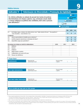 Público Interno                                                                                                                                                                                          9
  Indicador 9	                              Valorização da Diversidade e Promoção da Eqüidade
                                                                                                                                                                                              SIM
  Os critérios utilizados na seleção de pessoal são isentos de práticas                                                                                                             EM GRANDE
  discriminatórias em relação a gênero, raça, orientação sexual, idade                                                                                                              PARTE
  e crenças religiosas ou políticas dos candidatos, bem como a pessoas                                                                                                      EM PARTE
  com deficiência? 6
                                                                                                                                                                    NÃO
                                                                                                                                                            Não vemos aplicação disso em nossa
                                                                                                                                                            empresa (justifique)


		                                                                                                                                                                         SIM	      NÃO	           NA
9.1.	 Ao divulgar vagas, a empresa não utiliza termos como “idade máxima 40 anos”, “boa aparência”,                                                                     	 ❑	
      “sexo masculino”, “sexo feminino” etc.?                                                                                                                                          ❑	           ❑
A empresa:
9.2.	 oferece oportunidades de trabalho para ex-detentos?7                                                                                                              	 ❑	           ❑	           ❑
9.3.	 mantém programa especial para contratação de idosos?                                                                                                              	 ❑	           ❑	           ❑
9.4.	 disponibiliza vagas para aprendizes? 8                                                                                                                            	 ❑	           ❑	           ❑

Percentuais em relação ao total de colaboradores:	                                                                                        2010	                   2011	                      2012
9.5.	  Mulheres:
9.6.	  Homens:
9.7.	  Indígenas:
9.8.	  Negros (pretos e pardos):
9.9.	  Colaboradores com mais de 45 anos:
9.10.	 Pessoas com deficiência:

  O que fazer:
                                                          Responsável pela	                                                                 Prazo para atingir
 imediatamente                                            implementação da ação	                                                            o objetivo	                      /	          /




                                                          Responsável pela	                                                                 Prazo para atingir
 após algum planejamento                                  implementação da ação	                                                            o objetivo	                      /	          /




                                                          Responsável pela	                                                                 Prazo para atingir
 após obter melhor informações                            implementação da ação	                                                            o objetivo	                      /	          /




  Não se acredita que algo pode ser feito, porque




6 Veja as seguintes publicações do Instituto Ethos: Como as Empresas Podem (e Devem) Valorizar a Diversidade; O Compromisso das Empresas com a Valorização da Mulher; Perfil Social, Racial
  e de Gênero das 500 Maiores Empresas do Brasil e Suas Ações Afirmativas – Pesquisa 2005; O Que as Empresas Podem Fazer pela Inclusão das Pessoas com Deficiência; e O Compromisso
  das Empresas com a Promoção da Igualdade Racial, todas disponíveis em www.ethos.org.br.
7 Veja o manual do Instituto Ethos O Que as Empresas Podem Fazer pela Reabilitação do Preso, disponível em www.ethos.org.br.
8 De acordo com a Lei do Aprendiz, todas as empresas de médio e grande porte devem contratar aprendizes em número equivalente a no mínimo 5% e no máximo 15% do total de empregados
  cujas funções demandem formação profissional. As micro e pequenas empresas não são obrigadas a contratar aprendizes, porém podem fazê-lo, contribuindo assim para a formação profissional
  de adolescentes. Mais informações em www.leidoaprendiz.org.br.                                                                                                                                         24
 
