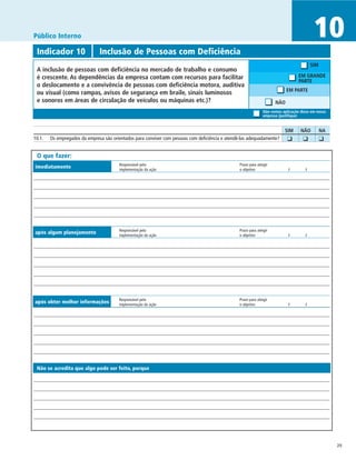 Público Interno                                                                                                                             10
 Indicador 10	                 Inclusão de Pessoas com Deficiência
                                                                                                                                           SIM
 A inclusão de pessoas com deficiência no mercado de trabalho e consumo
 é crescente. As dependências da empresa contam com recursos para facilitar                                                        EM GRANDE
                                                                                                                                   PARTE
 o deslocamento e a convivência de pessoas com deficiência motora, auditiva
                                                                                                                            EM PARTE
 ou visual (como rampas, avisos de segurança em braile, sinais luminosos
 e sonoros em áreas de circulação de veículos ou máquinas etc.)?                                                      NÃO
                                                                                                                Não vemos aplicação disso em nossa
                                                                                                                empresa (justifique)


		                                                                                                                         SIM	     NÃO	         NA
10.1.	 Os empregados da empresa são orientados para conviver com pessoas com deficiência e atendê-las adequadamente?      	 ❑	       ❑	          ❑

 O que fazer:
                                        Responsável pela	                                        Prazo para atingir
imediatamente                           implementação da ação	                                   o objetivo	                 /	        /




                                        Responsável pela	                                        Prazo para atingir
após algum planejamento                 implementação da ação	                                   o objetivo	                 /	        /




                                        Responsável pela	                                        Prazo para atingir
após obter melhor informações           implementação da ação	                                   o objetivo	                 /	        /




 Não se acredita que algo pode ser feito, porque




                                                                                                                                                      25
 