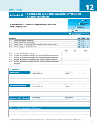 Público Interno                                                                                                                                                                       12
                                          Compromisso com o Desenvolvimento Profissional
  Indicador 12	
  	                                       e a Empregabilidade
                                                                                                                                                                                     SIM

                                                                                                                                                                           EM GRANDE
  A empresa valoriza e incentiva o desenvolvimento profissional                                                                                                            PARTE
  de seus empregados? 10                                                                                                                                            EM PARTE

                                                                                                                                                            NÃO
                                                                                                                                                    Não vemos aplicação disso em nossa
                                                                                                                                                    empresa (justifique)


A empresa:	                                                                                                                                                         SIM	    NÃO	           NA
12.1.	 subsidia cursos para os empregados?                                                                                                                      	   ❑	          ❑	         ❑
12.2.	 colabora com a realização de estágios?                                                                                                                   	   ❑	          ❑	         ❑
12.3.	 concede incentivo aos empregados matriculados em cursos de todos os níveis?                                                                              	   ❑	          ❑	         ❑
12.4.	 Todos os empregados são alfabetizados?                                                                                                                   	   ❑	          ❑	         ❑

		                                                                                                                                 2010	                  2011	                     2012
12.5.	    Percentual de analfabetos na empresa:
12.6.	    Percentual de empregados com até a 4ª série do ensino fundamental na empresa:
12.7.	    Percentual de empregados com até a 8ª série do ensino fundamental na empresa:
12.8.	    Percentual de empregados com o ensino médio (colegial) completo na empresa:
12.9.	    Percentual de empregados com ensino superior completo (faculdade, universidade)
          na empresa:



  O que fazer:
                                                       Responsável pela	                                                             Prazo para atingir
 imediatamente                                         implementação da ação	                                                        o objetivo	                     /	         /




                                                       Responsável pela	                                                             Prazo para atingir
 após algum planejamento                               implementação da ação	                                                        o objetivo	                     /	         /




                                                       Responsável pela	                                                             Prazo para atingir
 após obter melhor informações                         implementação da ação	                                                        o objetivo	                     /	         /




  Não se acredita que algo pode ser feito, porque




10 Veja os manuais do Instituto Ethos O Que as Empresas Podem Fazer pela Educação e O Compromisso das Empresas com o Alfabetismo Funcional, disponíveis em www.ethos.org.br .

                                                                                                                                                                                                27
 