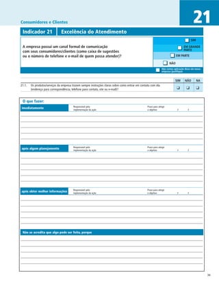 Consumidores e Clientes                                                                                                                     21
 Indicador 21	                 Excelência do Atendimento
                                                                                                                                           SIM

 A empresa possui um canal formal de comunicação                                                                                   EM GRANDE
 com seus consumidores/clientes (como caixa de sugestões                                                                           PARTE
 ou o número de telefone e e-mail de quem possa atender)?                                                                   EM PARTE

                                                                                                                      NÃO
                                                                                                                Não vemos aplicação disso em nossa
                                                                                                                empresa (justifique)


		                                                                                                                         SIM	     NÃO	         NA
21.1.	 Os produtos/serviços da empresa trazem sempre instruções claras sobre como entrar em contato com ela               	 ❑	
       (endereço para correspondência, telefone para contato, site ou e-mail)?                                                       ❑	          ❑


 O que fazer:
                                        Responsável pela	                                        Prazo para atingir
imediatamente                           implementação da ação	                                   o objetivo	                 /	        /




                                        Responsável pela	                                        Prazo para atingir
após algum planejamento                 implementação da ação	                                   o objetivo	                 /	        /




                                        Responsável pela	                                        Prazo para atingir
após obter melhor informações           implementação da ação	                                   o objetivo	                 /	        /




 Não se acredita que algo pode ser feito, porque




                                                                                                                                                      36
 