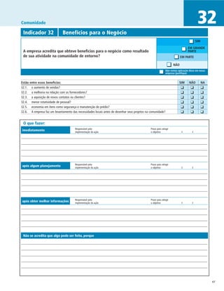 Comunidade                                                                                                                                  32
 Indicador 32	                 Benefícios para o Negócio
                                                                                                                                           SIM

                                                                                                                                    EM GRANDE
 A empresa acredita que obteve benefícios para o negócio como resultado                                                             PARTE
 de sua atividade na comunidade de entorno?                                                                                  EM PARTE

                                                                                                                      NÃO
                                                                                                                Não vemos aplicação disso em nossa
                                                                                                                empresa (justifique)


Estão entre esses benefícios:	                                                                                               SIM	   NÃO	         NA
32.1. 	 o aumento de vendas?                                                                                             	   ❑	      ❑	          ❑
32.2. 	 a melhoria na relação com os fornecedores?                                                                       	   ❑	      ❑	          ❑
32.3. 	 a aquisição de novos contatos ou clientes?                                                                       	   ❑	      ❑	          ❑
32.4. 	 menor rotatividade de pessoal?                                                                                   	   ❑	      ❑	          ❑
32.5. 	 economia em itens como segurança e manutenção do prédio?                                                         	   ❑	      ❑	          ❑
32.6. 	 A empresa faz um levantamento das necessidades locais antes de desenhar seus projetos na comunidade?             	   ❑	      ❑	          ❑

 O que fazer:
                                        Responsável pela	                                        Prazo para atingir
imediatamente                           implementação da ação	                                   o objetivo	                  /	       /




                                        Responsável pela	                                        Prazo para atingir
após algum planejamento                 implementação da ação	                                   o objetivo	                  /	       /




                                        Responsável pela	                                        Prazo para atingir
após obter melhor informações           implementação da ação	                                   o objetivo	                  /	       /




 Não se acredita que algo pode ser feito, porque




                                                                                                                                                      47
 