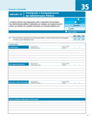 Governo e Sociedade                                                                                                                         35
             	                 Participação e Acompanhamento
 Indicador 35
 	                             das Administrações Públicas
                                                                                                                                           SIM

 A empresa informa seus empregados sobre a importância de participar                                                               EM GRANDE
                                                                                                                                   PARTE
 das administrações públicas? (opinando, por exemplo, no orçamento partici­
 pativo, nas eleições de conselhos municipais, em consultas públicas etc.)                                                  EM PARTE

                                                                                                                      NÃO
                                                                                                                Não vemos aplicação disso em nossa
                                                                                                                empresa (justifique)


		                                                                                                                         SIM	     NÃO	         NA
35.1.	 Além de promover a participação nas administrações públicas, a empresa ainda incentiva seus empregados             	 ❑	
       a fiscalizar as ações realizadas por elas?                                                                                    ❑	          ❑


 O que fazer:
                                        Responsável pela	                                        Prazo para atingir
imediatamente                           implementação da ação	                                   o objetivo	                 /	        /




                                        Responsável pela	                                        Prazo para atingir
após algum planejamento                 implementação da ação	                                   o objetivo	                 /	        /




                                        Responsável pela	                                        Prazo para atingir
após obter melhor informações           implementação da ação	                                   o objetivo	                 /	        /




 Não se acredita que algo pode ser feito, porque




                                                                                                                                                      50
 
