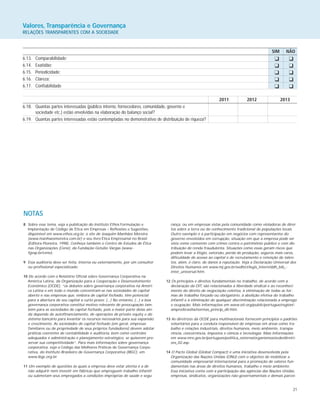 SIM NÃO
6.13. Comparabilidade;
6.14. Exatidão;
6.15. Periodicidade;
6.16. Clareza;
6.17. Confiabilidade
2011 2012 2013
6.18. Quantas partes interessadas (público interno, fornecedores, comunidade, governo e
sociedade etc.) estão envolvidas na elaboração do balanço social?
6.19. Quantas partes interessadas estão contempladas no demonstrativo de distribuição de riqueza?
21
Valores, Transparência e Governança
RELAÇÕES TRANSPARENTES COM A SOCIEDADE
K K
K K
K K
K K
K K
NOTAS
8 Sobre esse tema, veja a publicação do Instituto Ethos Formulação e
Implantação de Código de Ética em Empresas – Reflexões e Sugestões,
disponível em www.ethos.org.br, o site de Joaquim Manhães Moreira
(www.manhaesmoreira.com.br) e seu livro Ética Empresarial no Brasil
(Editora Pioneira, 1998). Conheça também o Centro de Estudos de Ética
nas Organizações (Cene), da Fundação Getúlio Vargas (www.-
fgvsp.br/cene).
9 Essa auditoria deve ser feita, interna ou externamente, por um consultor
ou profissional especializado.
10 De acordo com o Relatório Oficial sobre Governança Corporativa na
América Latina, da Organização para a Cooperação e Desenvolvimento
Econômico (OCDE), “os debates sobre governança corporativa na Améri-
ca Latina e em todo o mundo concentram-se nas sociedades de capital
aberto e nas empresas que, embora de capital fechado, têm potencial
para a abertura de seu capital a curto prazo. (...) No entanto, (...) a boa
governança corporativa constitui motivo relevante de preocupação tam-
bém para as sociedades de capital fechado, pois a maior parte delas ain-
da depende de autofinanciamento, de operações de private equity e do
sistema bancário para levantar os recursos necessários para sua expansão
e crescimento. As sociedades de capital fechado (em geral, empresas
familiares ou de propriedade de seus próprios fundadores) devem adotar
práticas coerentes de contabilidade e auditoria, bem como controles
adequados e administração e planejamento estratégico, se quiserem pre-
servar sua competitividade”. Para mais informações sobre governança
corporativa, veja o Código das Melhores Práticas de Governança Corpo-
rativa, do Instituto Brasileiro de Governança Corporativa (IBGC), em
www.ibgc.org.br.
11 Um exemplo de questões às quais a empresa deve estar atenta é a de
não adquirir nem investir em fábricas que empreguem trabalho infantil
ou submetam seus empregados a condições impróprias de saúde e segu-
rança, ou em empresas vistas pela comunidade como violadoras de direi-
tos sobre a terra ou do conhecimento tradicional de populações locais.
Outro exemplo é a participação em negócios com representantes do
governo envolvidos em corrupção, situação em que a empresa pode ser
vista como conivente com crimes contra o patrimônio público e com dis-
tribuição de renda fraudulenta. Situações como essas geram riscos que
podem levar a litígio, extorsão, perda de produção, seguros mais caros,
dificuldade de acesso ao capital e de recrutamento e retenção de talen-
tos, além, é claro, de danos à reputação. Veja a Declaração Universal dos
Direitos Humanos em www.mj.gov.br/sedh/ct/legis_intern/ddh_bib_-
inter_universal.htm.
12 Os princípios e direitos fundamentais no trabalho, de acordo com a
declaração da OIT, são relacionados à liberdade sindical e ao reconheci-
mento do direito de negociação coletiva, à eliminação de todas as for-
mas de trabalho forçado ou obrigatório, à abolição efetiva do trabalho
infantil e à eliminação de qualquer discriminação relacionada a emprego
e ocupação. Mais informações em www.oit.org/public/portugue/region/-
ampro/brasilia/normas_princip_dir.htm.
13 As diretrizes da OCDE para multinacionais fornecem princípios e padrões
voluntários para a conduta responsável de empresas em áreas como tra-
balho e relações industriais, direitos humanos, meio ambiente, transpa-
rência, concorrência, impostos e ciência e tecnologia. Mais informações
em www.mre.gov.br/portugues/politica_externa/organismos/ocde/diretri-
zes_02.asp.
14 O Pacto Global (Global Compact) é uma iniciativa desenvolvida pela
Organização das Nações Unidas (ONU) com o objetivo de mobilizar a
comunidade empresarial internacional para a promoção de valores fun-
damentais nas áreas de direitos humanos, trabalho e meio ambiente.
Essa iniciativa conta com a participação das agências das Nações Unidas,
empresas, sindicatos, organizações não-governamentais e demais parcei-
 