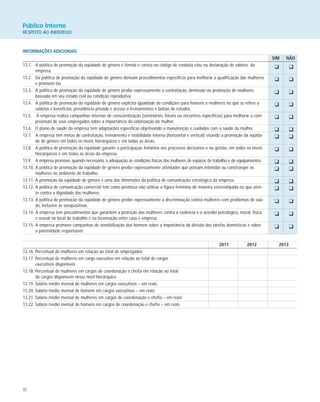 32
Público Interno
RESPEITO AO INDIVÍDUO
INFORMAÇÕES ADICIONAIS
SIM NÃO
13.1. A política de promoção da eqüidade de gênero é formal e consta no código de conduta e/ou na declaração de valores da
empresa.
13.2. Da política de promoção da eqüidade de gênero derivam procedimentos específicos para melhorar a qualificação das mulheres
e promovê-las.
13.3. A política de promoção da eqüidade de gênero proíbe expressamente a contratação, demissão ou promoção de mulheres
baseada em seu estado civil ou condição reprodutiva.
13.4. A política de promoção da eqüidade de gênero explicita igualdade de condições para homens e mulheres no que se refere a
salários e benefícios, previdência privada e acesso a treinamentos e bolsas de estudos.
13.5. A empresa realiza campanhas internas de conscientização (seminários, fóruns ou encontros específicos) para melhorar a com-
preensão de seus empregados sobre a importância da valorização da mulher.
13.6. O plano de saúde da empresa tem adaptações específicas objetivando a manutenção e cuidados com a saúde da mulher.
13.7. A empresa tem metas de contratação, treinamento e mobilidade interna (horizontal e vertical) visando a promoção da eqüida-
de de gênero em todos os níveis hierárquicos e em todas as áreas.
13.8. A política de promoção da eqüidade garante a participação feminina nos processos decisórios e na gestão, em todos os níveis
hierárquicos e em todas as áreas da empresa.
13.9. A empresa promove, quando necessário, a adequação às condições físicas das mulheres de espaços de trabalho e de equipamentos.
13.10. A política de promoção da eqüidade de gênero proíbe expressamente atividades que possam intimidar ou constranger as
mulheres no ambiente de trabalho.
13.11. A promoção da eqüidade de gênero é uma das dimensões da política de comunicação estratégica da empresa.
13.12. A política de comunicação comercial tem como premissa não utilizar a figura feminina de maneira estereotipada ou que aten-
te contra a dignidade das mulheres.
13.13. A política de promoção da eqüidade de gênero proíbe expressamente a discriminação contra mulheres com problemas de saú-
de, inclusive as soropositivas.
13.14. A empresa tem procedimentos que garantem a proteção das mulheres contra a violência e o assédio psicológico, moral, físico
e sexual no local de trabalho e na locomoção entre casa e empresa.
13.15. A empresa promove campanhas de sensibilização dos homens sobre a importância da divisão das tarefas domésticas e sobre
a paternidade responsável.
2011 2012 2013
13.16. Percentual de mulheres em relação ao total de empregados
13.17. Percentual de mulheres em cargo executivo em relação ao total de cargos
executivos disponíveis
13.18. Percentual de mulheres em cargos de coordenação e chefia em relação ao total
de cargos disponíveis nesse nível hierárquico
13.19. Salário médio mensal de mulheres em cargos executivos – em reais
13.20. Salário médio mensal de homens em cargos executivos – em reais
13.21. Salário médio mensal de mulheres em cargos de coordenação e chefia – em reais
13.22. Salário médio mensal de homens em cargos de coordenação e chefia – em reais
K K
K K
K K
K K
K K
K K
K K
K K
K K
K K
K K
K K
K K
K K
K K
 