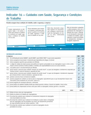35
Público Interno
TRABALHO DECENTE
Indicador 16 — Cuidados com Saúde, Segurança e Condições
de Trabalho
Visando assegurar boas condições de trabalho, saúde e segurança, a empresa:
Cumpre rigorosamente as obri-
gações legais e tem planos e
metas para alcançar os padrões
de excelência em saúde, segu-
rança e condições de trabalho
em seu setor.
Possui indicadores para monito-
rar os planos e metas para ultra-
passar os padrões de excelência
em saúde, segurança e condi-
ções de trabalho em seu setor.
Além disso, desenvolve campa-
nhas regulares de conscientiza-
ção e pesquisa o nível de satis-
fação dos empregados em rela-
ção ao tema, evidenciando
áreas críticas.
Além de desenvolver campanhas
e realizar pesquisas, conta com a
participação dos empregados na
definição das metas e indicado-
res de desempenho relacionados
a condições de trabalho, saúde e
segurança, os quais são incluídos
no planejamento estratégico e
divulgados amplamente.
INFORMAÇÕES ADICIONAIS
A empresa: SIM NÃO
16.1. foi certificada pela norma SA800031
, pela BS 880032
, pela OHSAS 1800133
ou por norma equivalente.
16.2. oferece programa de prevenção e tratamento para dependência de drogas e de álcool.
16.3. oferece programa específico para portadores de HIV/aids.
16.4. o código de conduta da empresa possui uma política de respeito à privacidade de seus empregados no que se refere a infor-
mações sensíveis (inclusive médicas) obtidas e mantidas sob responsabilidade da área de recursos humanos.
16.5. essa política prevê a não-discriminação por HIV/aids.
16.6. possui normas e processos para combater situações de assédio moral34
, os quais são divulgados e devidamente amparados por
estrutura formal e neutra de denúncia e apuração de fatos.
16.7. possui normas e processos para combater situações de assédio sexual35
, os quais são divulgados e devidamente amparados
por estrutura formal e neutra de denúncia e apuração de fatos.
16.8. promove exercícios físicos no horário de trabalho.
16.9. promove programa de combate ao estresse para os empregados, especialmente para os que desempenham funções mais
estressantes (como atendentes de call center, caixas etc.).
16.10. possui programa de orientação alimentar e nutricional.
16.11. possui política de equilíbrio trabalho-família que aborde questões relativas a horário de trabalho e horas extras.
16.12. possui política de compensação de horas extras para todos os empregados, inclusive gerentes e executivos.
2011 2012 2013
16.13. Média de horas extras por empregado/ano
16.14. Média de acidentes de trabalho por empregado/ano
16.15. Percentual dos acidentes que resultaram em afastamento temporário de empregados
e/ou de prestadores de serviço
16.16. Percentual dos acidentes que resultaram em mutilação ou outros danos à integridade
física de empregados e/ou de prestadores de serviço, com afastamento permanente
do cargo (incluindo lesões por esforço repetitivo – LER)
16.17. Percentual dos acidentes que resultaram em morte de empregados e/ou de
prestadores de serviço
K K
K K
K K
K K
K K
K K
K K
K K
K K
K K
K K
K K
 