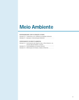 41
Meio Ambiente
RESPONSABILIDADE COM AS GERAÇÕES FUTURAS
Indicador 20 – Compromisso com a Melhoria da Qualidade Ambiental
Indicador 21 – Educação e Conscientização Ambiental
GERENCIAMENTO DO IMPACTO AMBIENTAL
Indicador 22 – Gerenciamento dos Impactos sobre o Meio Ambiente e do
Ciclo de Vida de Produtos e Serviços
Indicador 23 – Sustentabilidade da Economia Florestal
Indicador 24 – Minimização de Entradas e Saídas de Materiais
 