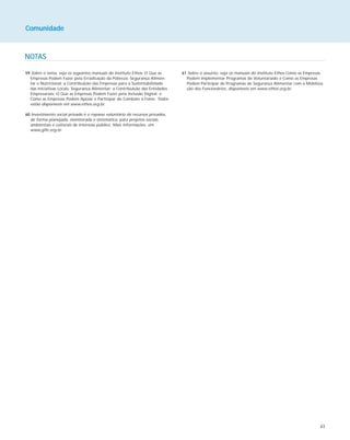 63
Comunidade
NOTAS
59 Sobre o tema, veja os seguintes manuais do Instituto Ethos: O Que as
Empresas Podem Fazer pela Erradicação da Pobreza; Segurança Alimen-
tar e Nutricional: a Contribuição das Empresas para a Sustentabilidade
das Iniciativas Locais; Segurança Alimentar: a Contribuição das Entidades
Empresariais; O Que as Empresas Podem Fazer pela Inclusão Digital; e
Como as Empresas Podem Apoiar e Participar do Combate à Fome. Todos
estão disponíveis em www.ethos.org.br.
60 Investimento social privado é o repasse voluntário de recursos privados,
de forma planejada, monitorada e sistemática, para projetos sociais,
ambientais e culturais de interesse público. Mais informações em
www.gife.org.br.
61 Sobre o assunto, veja os manuais do Instituto Ethos Como as Empresas
Podem Implementar Programas de Voluntariado e Como as Empresas
Podem Participar de Programas de Segurança Alimentar com a Mobiliza-
ção dos Funcionários, disponíveis em www.ethos.org.br.
 