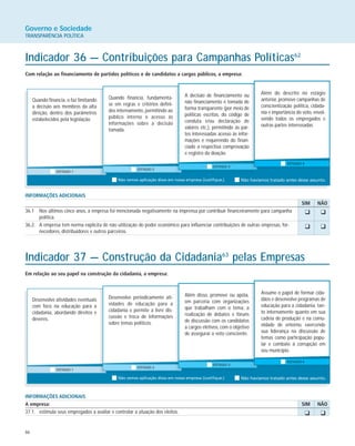66
INFORMAÇÕES ADICIONAIS
SIM NÃO
36.1 Nos últimos cinco anos, a empresa foi mencionada negativamente na imprensa por contribuir financeiramente para campanha
política.
36.2. A empresa tem norma explícita de não utilização do poder econômico para influenciar contribuições de outras empresas, for-
necedores, distribuidores e outros parceiros.
Governo e Sociedade
TRANSPARÊNCIA POLÍTICA
Indicador 36 — Contribuições para Campanhas Políticas62
Com relação ao financiamento de partidos políticos e de candidatos a cargos públicos, a empresa:
Quando financia, o faz limitando
a decisão aos membros da alta
direção, dentro dos parâmetros
estabelecidos pela legislação.
Quando financia, fundamenta-
se em regras e critérios defini-
dos internamente, permitindo ao
público interno o acesso às
informações sobre a decisão
tomada.
A decisão de financiamento ou
não financiamento é tomada de
forma transparente (por meio de
políticas escritas, do código de
conduta e/ou declaração de
valores etc.), permitindo às par-
tes interessadas acesso às infor-
mações e requerendo do finan-
ciado a respectiva comprovação
e registro da doação.
Além do descrito no estágio
anterior, promove campanhas de
conscientização política, cidada-
nia e importância do voto, envol-
vendo todos os empregados e
outras partes interessadas.
Indicador 37 — Construção da Cidadania63
pelas Empresas
Em relação ao seu papel na construção da cidadania, a empresa:
Desenvolve atividades eventuais
com foco na educação para a
cidadania, abordando direitos e
deveres.
Desenvolve periodicamente ati-
vidades de educação para a
cidadania e permite a livre dis-
cussão e troca de informações
sobre temas políticos.
Além disso, promove ou apóia,
em parceria com organizações
que trabalham com o tema, a
realização de debates e fóruns
de discussão com os candidatos
a cargos eletivos, com o objetivo
de assegurar o voto consciente.
Assume o papel de formar cida-
dãos e desenvolve programas de
educação para a cidadania, tan-
to internamente quanto em sua
cadeia de produção e na comu-
nidade de entorno, exercendo
sua liderança na discussão de
temas como participação popu-
lar e combate à corrupção em
seu município.
INFORMAÇÕES ADICIONAIS
A empresa: SIM NÃO
37.1. estimula seus empregados a avaliar e controlar a atuação dos eleitos.
K K
K K
K K
 