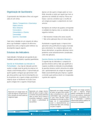 5
Organização do Questionário
O questionário dos Indicadores Ethos está organi-
zado em sete temas:
Valores, Transparência e Governança
Público Interno
Meio Ambiente
Fornecedores
Consumidores e Clientes
Comunidade
Governo e Sociedade
Cada tema é dividido em um conjunto de indica-
dores cuja finalidade é explorar em diferentes
perspectivas como a empresa pode melhorar seu
desempenho naquele aspecto.
Estrutura dos Indicadores
Cada indicador é formado por uma questão de pro-
fundidade, questões binárias e questões quantitativas.
Questão de Profundidade (ou Indicador de
Profundidade) – Esse tipo de indicador permite
avaliar o estágio atual da gestão da empresa em
relação a determinada prática. É representado por
quatro quadros contíguos que apresentam está-
gios dessa prática cujo nível de desempenho evo-
lui do primeiro até o quarto estágio, permitindo à
empresa situar-se facilmente na escala. Esses
quatro estágios têm a seguinte interpretação:
Apenas um dos quatro estágios pode ser esco-
lhido, devendo-se optar por aquele que mais se
aproxima da realidade da empresa. Nessa ava-
liação, é preciso considerar que a escolha de
um estágio pressupõe o cumprimento do nível
anterior.
Na hipótese de nenhum dos quadros corresponder
à realidade da empresa, deve-se assinalar um dos
seguintes motivos:
• Não havíamos tratado antes desse assunto;
• Não vemos aplicação disso em nossa empresa.
Assinalando a segunda opção, a empresa deve
apresentar uma justificativa no espaço reservado
para comentários. Se a empresa optar por uma
dessas alternativas, as questões adicionais corres-
pondentes serão automaticamente consideradas
como não aplicáveis.
Questões Binárias (ou Indicadores Binários) –
O segundo tipo de indicadores é composto de
questões binárias (sim ou não), que qualificam a
resposta escolhida no indicador de profundidade.
As questões binárias contêm elementos de valida-
ção e aprofundamento do estágio de responsabi-
lidade social identificado pela empresa e ajudam
a entender quais práticas devem ser incorporadas
à gestão dos negócios.
Representa um estágio básico de
ações da empresa, no qual ela ain-
da se encontra em nível reativo às
exigências legais.
Representa um estágio interme-
diário de ações, no qual a empre-
sa mantém uma postura defensiva
sobre os temas, mas já começa a
encaminhar mudanças e avanços
em relação à conformidade de
suas práticas.
Representa um estágio avançado
de ações, no qual já são reconhe-
cidos os benefícios de ir além da
conformidade legal, preparando-
se para novas pressões regula-
mentadoras no mercado, da socie-
dade, etc. A responsabilidade
social e o desenvolvimento sus-
tentável são tidos como estratégi-
cos para o negócio.
Representa um estágio proativo,
no qual a empresa atingiu
padrões considerados de excelên-
cia em suas práticas, envolvendo
fornecedores, consumidores, clien-
tes, a comunidade e também
influenciando políticas públicas de
interesse da sociedade.
 