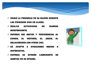  Exigió la presencia de su madre durante
  los primeros días de clases.
 Realiza    actividades      de      manera
  independiente.
 Expresa sus gustos y preferencias al
  comer,    al   vestirse,   al    jugar,   al
  relacionarse con otros (as).
 Se   adapta    a   situaciones   nuevas    e
  imprevistas.
 Expresa   su     opinión   libremente     en
  asuntos de su interés.
 