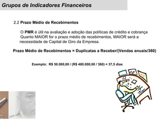 Grupos de Indicadores Financeiros
2.2 Prazo Médio de Recebimentos
O PMR é útil na avaliação e adoção das políticas de crédito e cobrança
Quanto MAIOR for o prazo médio de recebimentos, MAIOR será a
necessidade de Capital de Giro da Empresa.
Exemplo: R$ 50.000,00 / (R$ 480.000,00 / 360) = 37,5 dias
Prazo Médio de Recebimentos = Duplicatas a Receber/(Vendas anuais/360)
 