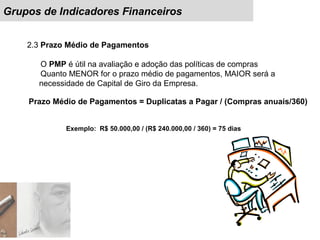 Grupos de Indicadores Financeiros
2.3 Prazo Médio de Pagamentos
O PMP é útil na avaliação e adoção das políticas de compras
Quanto MENOR for o prazo médio de pagamentos, MAIOR será a
necessidade de Capital de Giro da Empresa.
Exemplo: R$ 50.000,00 / (R$ 240.000,00 / 360) = 75 dias
Prazo Médio de Pagamentos = Duplicatas a Pagar / (Compras anuais/360)
 