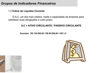 Grupos de Indicadores Financeiros
1.2 Índice de Liquidez Corrente
O ILC, um dos mas citados, mede a capacidade da empresa para
satisfazer suas obrigações a curto prazo.
ILC = ATIVO CIRCULANTE / PASSIVO CIRCULANTE
Exemplo: R$ 120.000,00 / R$ 80.000,00 = R$ 1,5
 