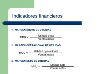 Indicadores financieros 1.  MARGEN BRUTO DE UTILIDAD 2.  MARGEN OPERACIONAL DE UTILIDAD 3.  MARGEN NETO DE UTILIDAD 